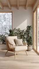 Naklejka premium Minimalist home interior features plants, neutral colors, and Scandinavian design in a bright space during winter months