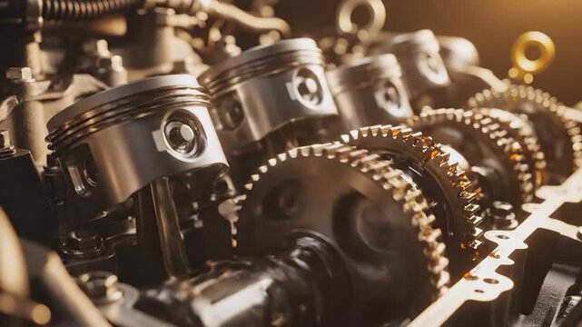Close-up view of a powerful internal combustion engine with pistons and gears