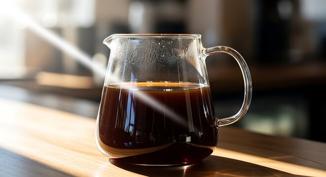 Glass coffee pot on a wooden table in a bright kitchen