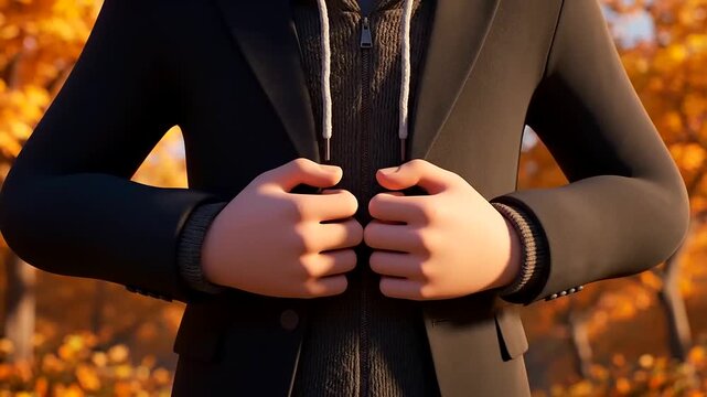 Fall Cozy Fashion, a person's hands adjust a dark suit jacket worn over a grey hoodie, displaying modern layered styling in a warm autumn forest, highlighting elegance and comfort.