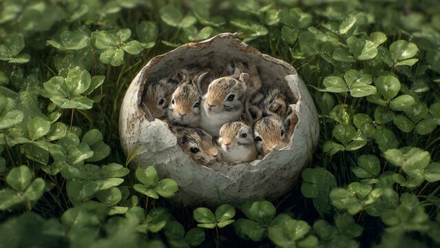Tiny, fluffy baby gerbils huddle together for warmth inside a broken, weathered eggshell, nestled