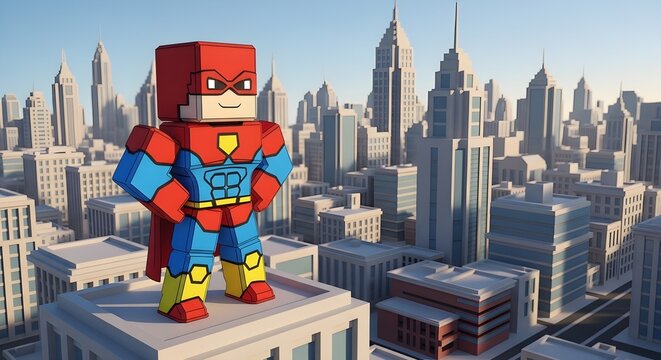 Superhero character standing on building rooftop with cityscape background
