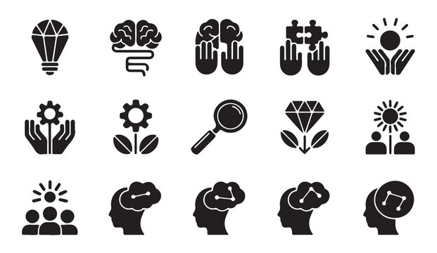 Human mind and creative thinking icon set including brain puzzle and collaboration symbols