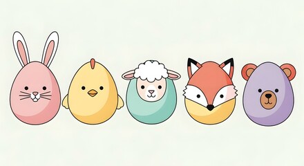 Obraz premium Easter egg characters including bunny, chick, sheep, fox, bear