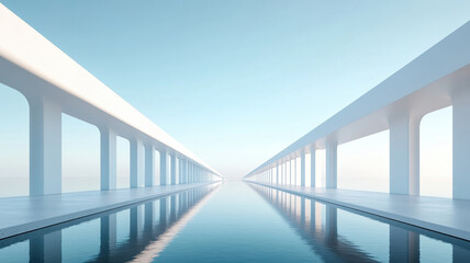 Obraz premium Endless modern bridge design with smooth white pillars reflecting on calm water under clear blue sky creating peaceful atmosphere