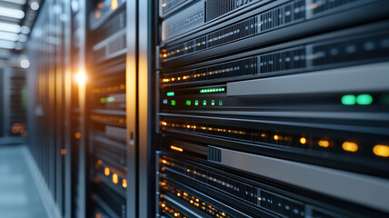 Server rack with blinking green and orange status lights in data center with warm sunlight shining through