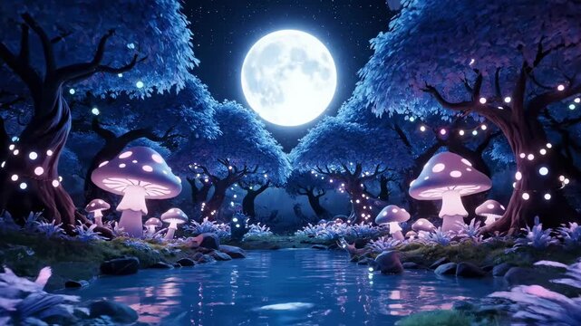 Whimsical Mushroom Houses Under Full Moon in Enchanted Forest.