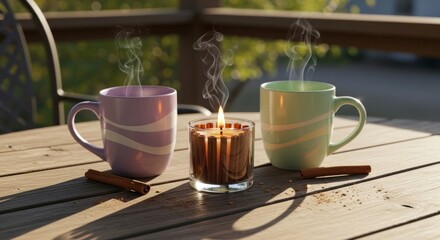 Two mugs and a candle on a table
