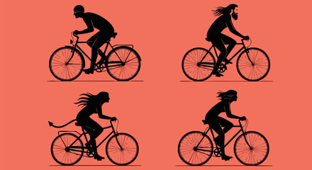 Fototapeta premium Evolution of Cycling Vector Illustration: Primate, Caveman, Woman with Tail, and Modern Female Cyclist Silhouettes on Orange Background