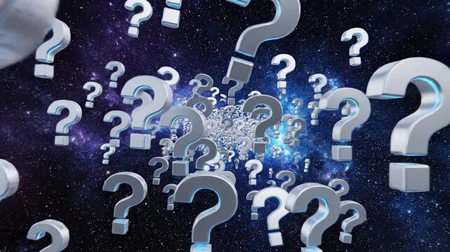 Numerous llic question marks float against a cosmic starry background