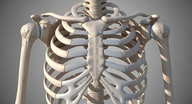 Detailed 3D Human Upper Skeleton Render Showcasing Rib Cage, Shoulder Girdle, and Arm Bones for Anatomy Study