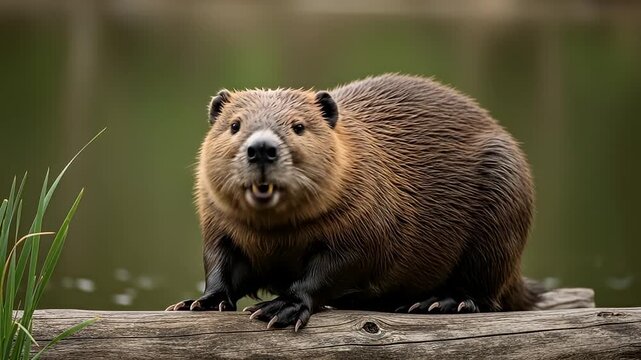 Brown nutria rodent on wood outdoors.