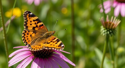 Obraz premium Painted Lady Butterfly on Purple Coneflower in a Sunny Meadow.