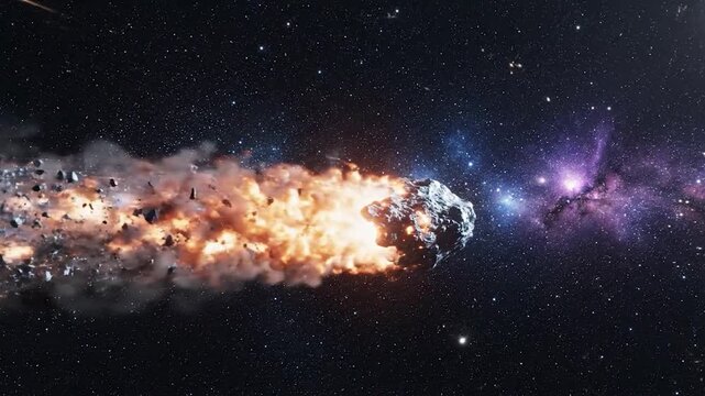 A fiery asteroid or meteoroid hurtles through the vast expanse of space