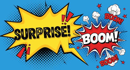 Obraz premium Comic Explosion with Surprise and Boom Text on Blue Background