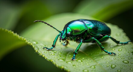 Vibrant Green Beetle on a Dew-Kissed Leaf in Macro Shot.