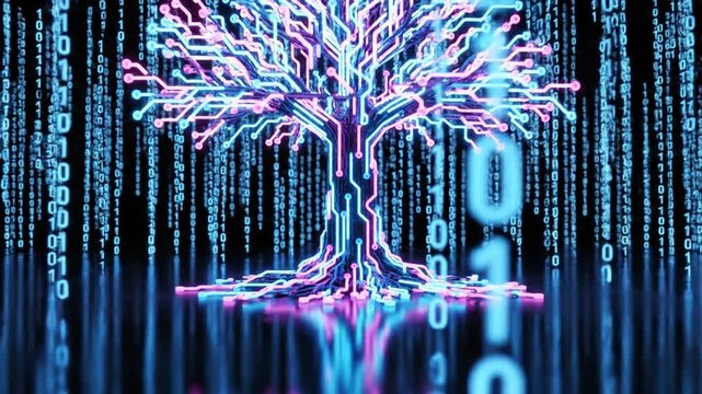 Digital representation of a tree with binary code as leaves. Glowing neon on a dark surface