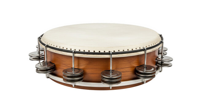 Tambourine Drum With Wooden Frame And Jingles On Black Background