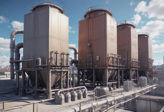 Industrial cooling towers with ventilation ducts on a rooftop chiller plant,  industrial equipment,  rooftop chiller