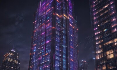 Obraz premium Neon-lit skyscraper with glowing windows, reflecting city lights , cyberpunk, neon