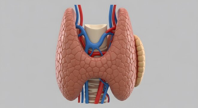 Anatomical illustration of the human thyroid gland and parathyroid glands, highlighting its vascular supply and structure