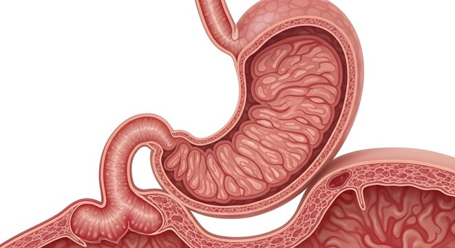 Detailed medical illustration depicting a hiatal hernia, where the human stomach protrudes through the diaphragm, highlighting digestive system anatomy