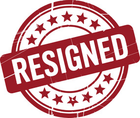 A prominent red distressed round seal prominently displaying the word RESIGNED surrounded by multiple stars
