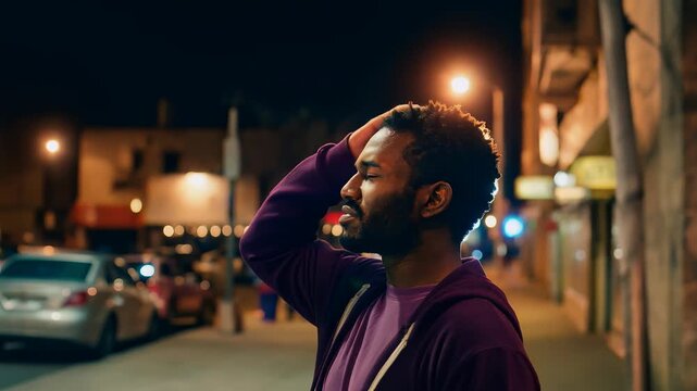Confused and lost African American man wandering city streets looking for directions
