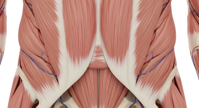 Anatomical illustration of human abdominal muscles, showcasing the rectus abdominis and oblique muscles in detail with vascular structures visible