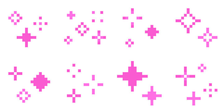 8-bit pixel art pink sparkling effect and icon decoration set