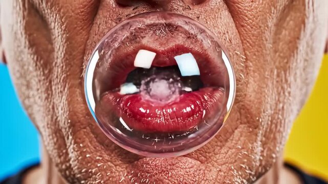 Close-up of a man blowing a pink bubble gum bubble, showing the process from start to burst.
