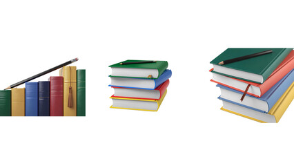 A stack of colorful books with pens on top against a transparent background
