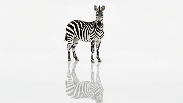 Graceful Zebra Standing with Reflection on Isolated White Background