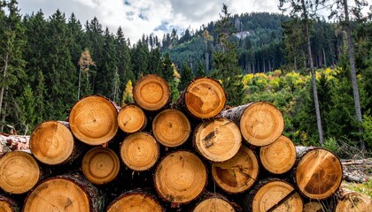 A stack of freshly cut logs in a lush green forest with a backdrop of rolling hills and a partly cloudy sky