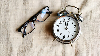 Vintage alarm clock and glasses resting on textured fabric symbolizing time management and punctuality in daily routines transparent background