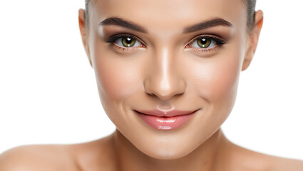 A closeup portrait of a woman with radiant skin glowing eyes and a gentle smile isolated on transparent background transparent background