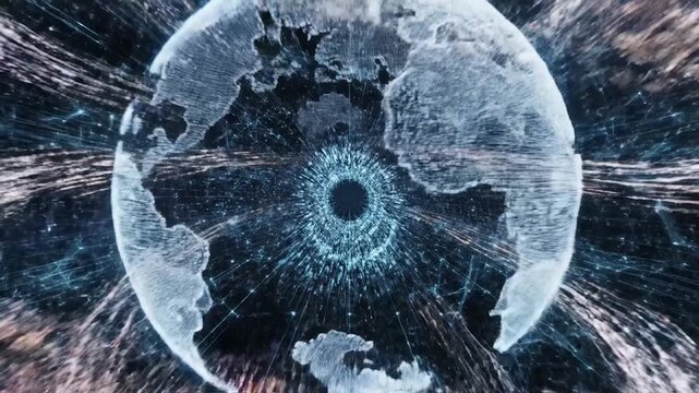Futuristic digital network with glowing globe and data stacks background