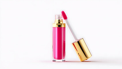 Bright pink lip gloss bottle with gold cap and applicator isolated on white background enhancing beauty makeup transparent background