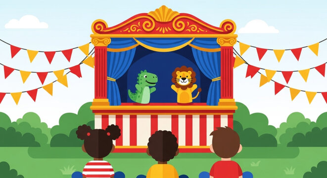 World Puppetry Day puppet show featuring fun animal characters, a classic form of entertainment and storytelling for young audiences in a park setting, fostering imagination and joy