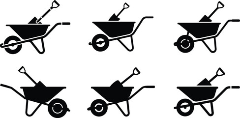Set of Minimalist black wheelbarrow with a shovel inside silhouette vector icon © Vector.com