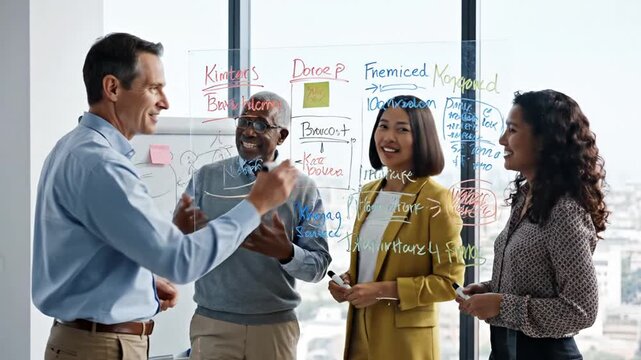 Four diverse colleagues collaborate, discussing ideas scribbled on a transparent whiteboard