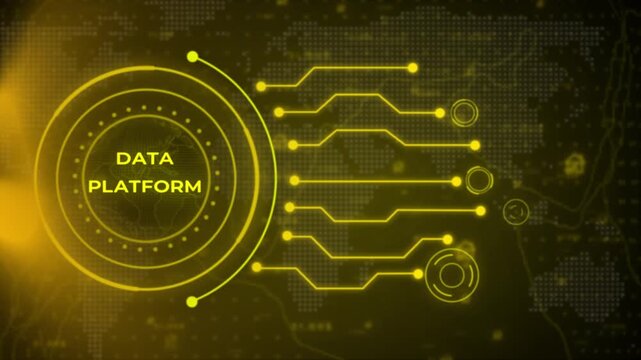 Advanced technology interface featuring bright yellow concentric circles and a wireframe globe against a dark background with a pixelated map and digital data