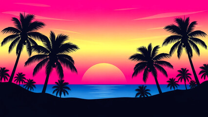 Fototapeta premium Vibrant retro sunset scene with palm tree silhouettes over ocean waves