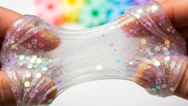 Hands stretching clear glitter slime creating an interesting iridescent texture effect