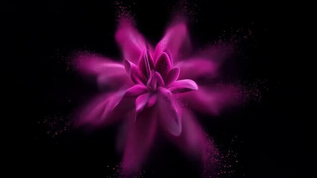 Energetic 3D animation of vivid magenta colored powder exploding to form a flower shape.