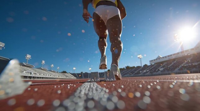 Low angle macro close-up of runner&rsquo;s sneakers on starting blocks with exploding golden dust and sparks, tense muscles ready to sprint, intense sunlight lens flare, dynamic athletic motion