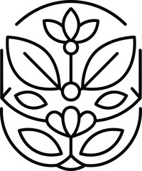 Fototapeta premium Simple black line drawing of a stylized floral emblem with leaves and flowers.