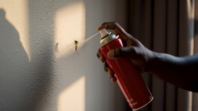 Man spraying insecticide at mosquito on wall inside home, mosquito flying away with dolly out camera movement &ndash; household pest control concept
