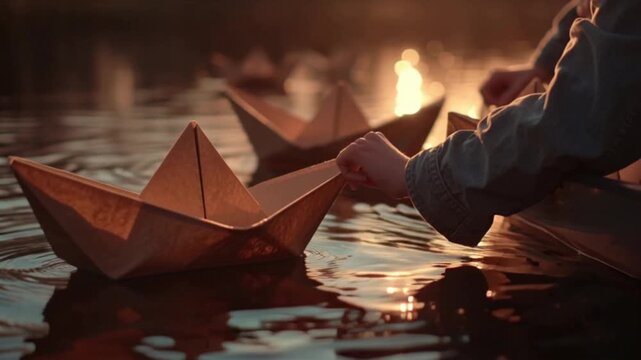 Person launching paper boat in serene water at sunset