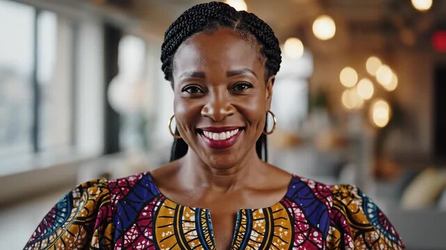 Confident African American Woman in Traditional Attire Smiling in Modern Office.